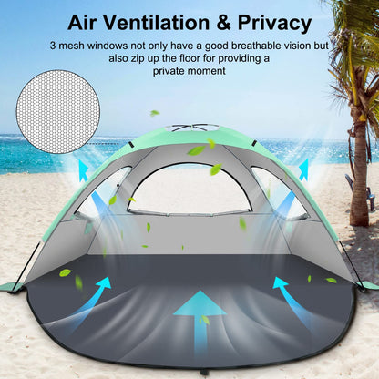YITGOG Beach Tent Sun Shelter for 3-4 Person, Baby Beach Tent with UV Protection, 3 Mesh Roll Up Windows & 8.0mm Fiberglass, Easy Assemble (Green)