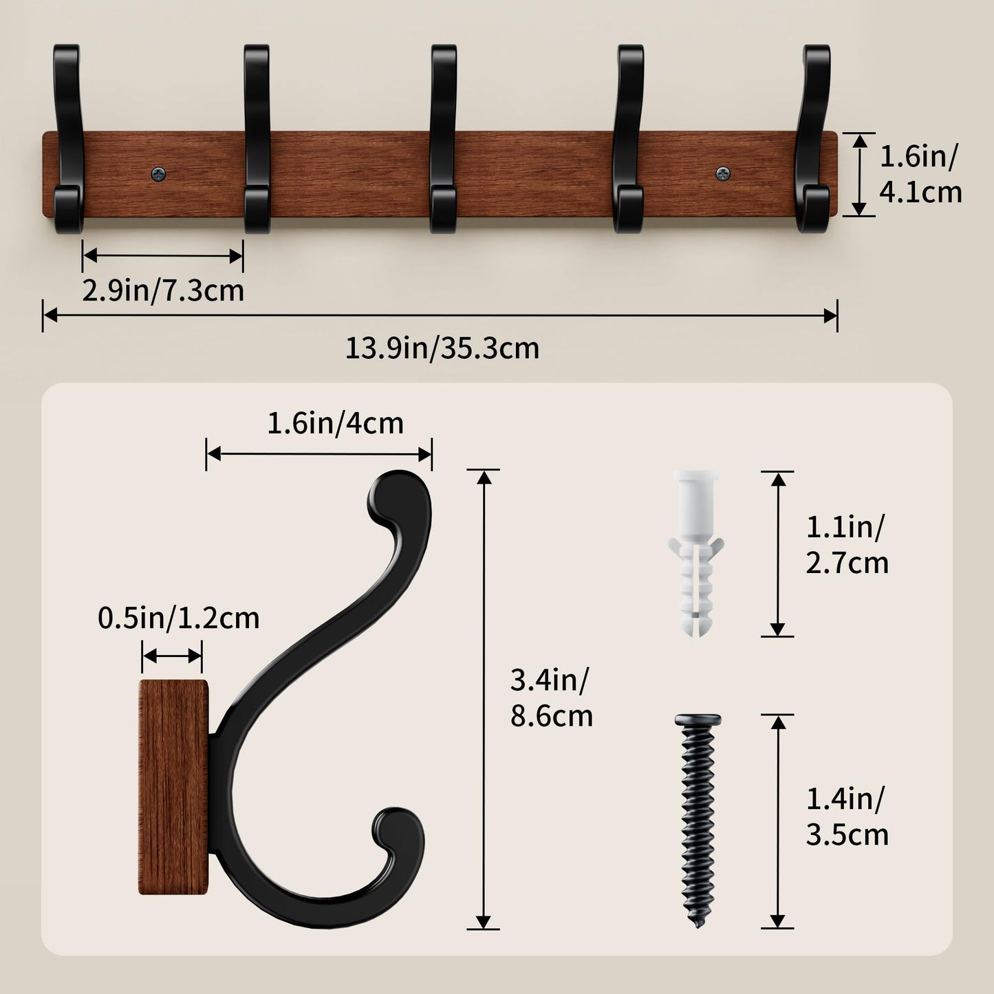 Jasopaco Solid Wood Wall Mounted Coat Rack, Heavy Duty 5 Hook Wooden Hanger with Metal Hooks for Hanging Hats, Coats, Towels, Backpack, Keys in Closet, Entryway, Bedroom, Bathroom, 2 Pack.