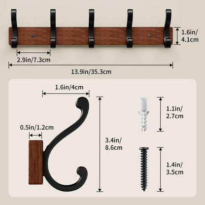 Jasopaco Solid Wood Wall Mounted Coat Rack, Heavy Duty 5 Hook Wooden Hanger with Metal Hooks for Hanging Hats, Coats, Towels, Backpack, Keys in Closet, Entryway, Bedroom, Bathroom, 2 Pack.
