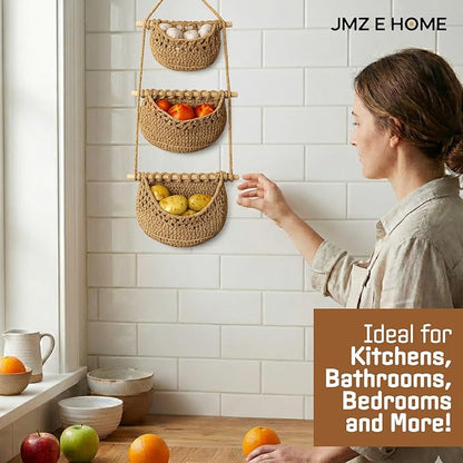 Cotton Hanging Fruit Basket, 3 Tier Woven Wall Basket, Hanging storage baskets