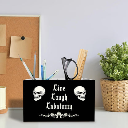 METNBASYY Dark Academia Gothic Skeleton Pen Holder for Desk, Funny Goth Skull Pencil Organizer, Live Laugh Lobotomy Dark Humor Wooden Box Sign Desk Decor for Home Office Decoration