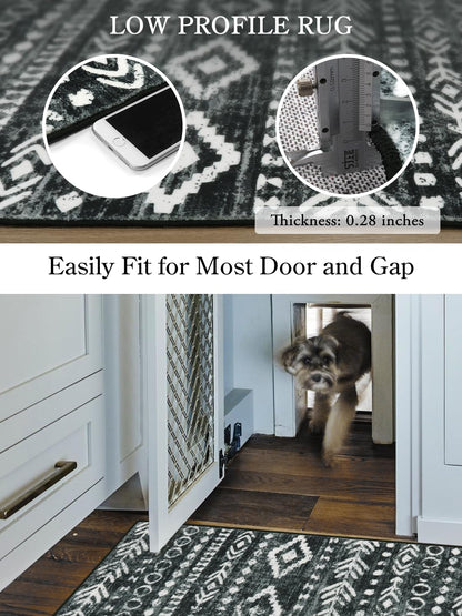 Lahome Boho Moroccan Kitchen Rug, Washable Black White 2x4 Entryway Rugs Non Slip with Rubber Backing, Low-Pile Soft Farmhouse Tribal Print Throw Rug Indoor Small Carpet for Bathroom Entry Varena