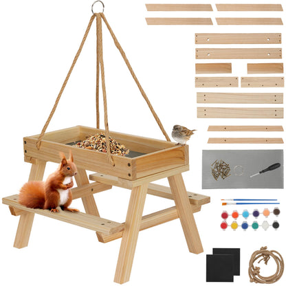 Squirrel Picnic Table Feeder, DIY Wood Building Kits with Paint Set,for Wild Birds, Chickens, Ducks, Squirrels & Other Poultry, Build Your Own Bird Feeder