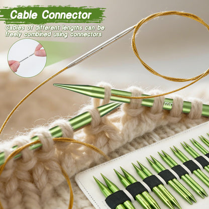 TRILVIX Knitting Needles Set, 13 Pairs Aluminum Interchangeable Circular Knitting Needles Set 4 Inch with 4 Cables, Accessories and Storage Bag for Multiple Knitting Projects Green