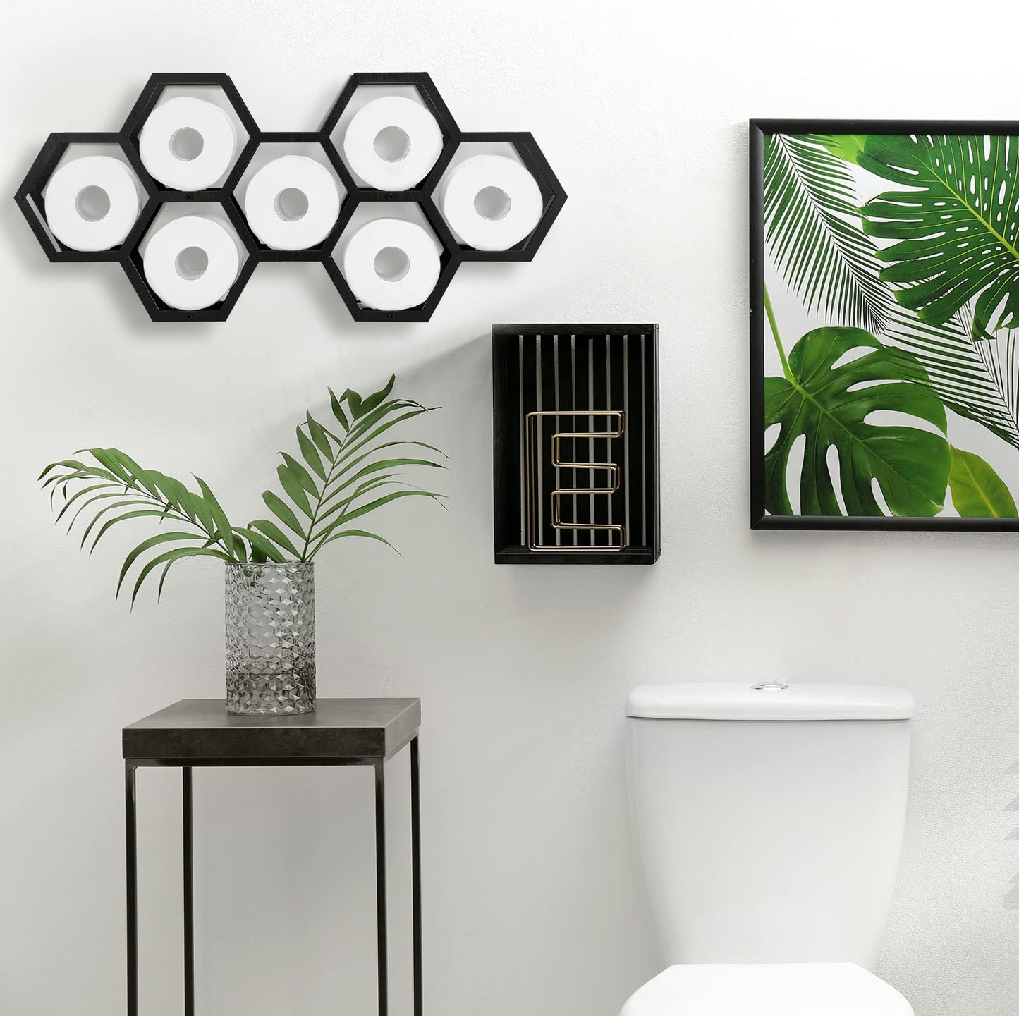 Beeveer Hold 7 Rolls Modern Floating Honeycomb Toilet Paper Holder Stand Modern Wooden Toilet Paper Storage Shelves for Tissue Honeycomb(Black)