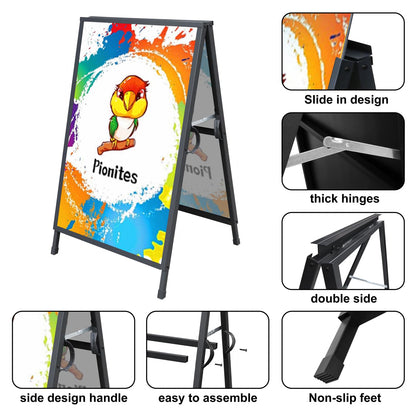 Pionites Heavy Duty Slide-in Folding A Frame Sign Sidewalk Sign 24x 36 Inch Steel Metal Double-Side Pavement sign Corrugated Plastic Poster (1, Black, 24''X36''(Frame Only))