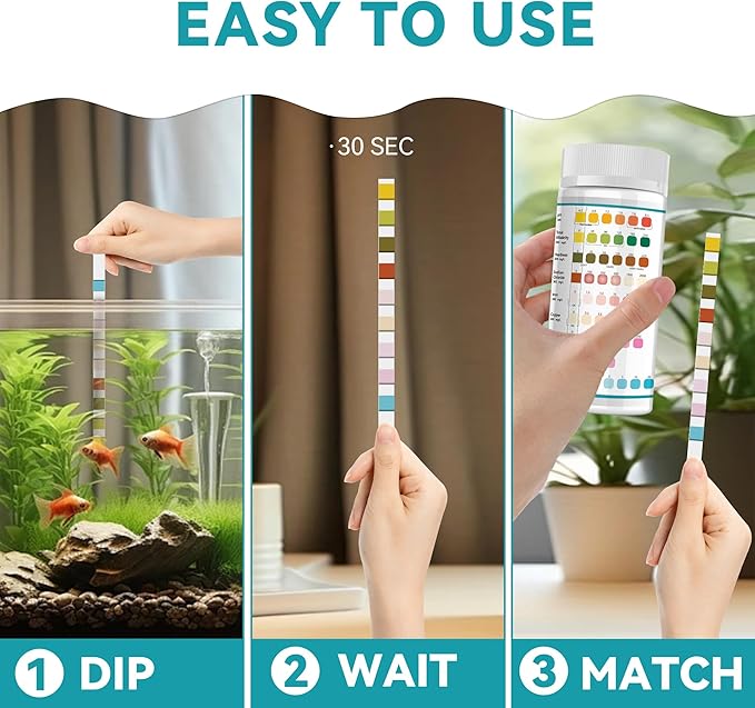 9-Way Aquarium Test Strips,50 Strips Aquarium Test Kit for Fish Tanks & Ponds, Quick & Accurate Water Testing Iron Copper Sodium Chlorine Nitrate Nitrite Total Alkalinity Hardness Free Chlorine pH