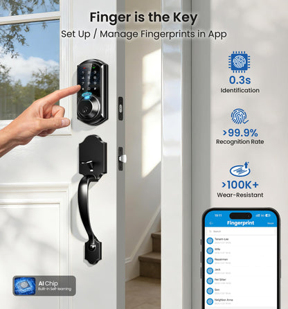 Veise VE07-H Fingerprint Smart Locks for Front Door with Handle Set, App Control, Keyless Entry Keypad Deadbolt, Digital Electronic Touchscreen, Easy Install, Auto Lock, Matte Black