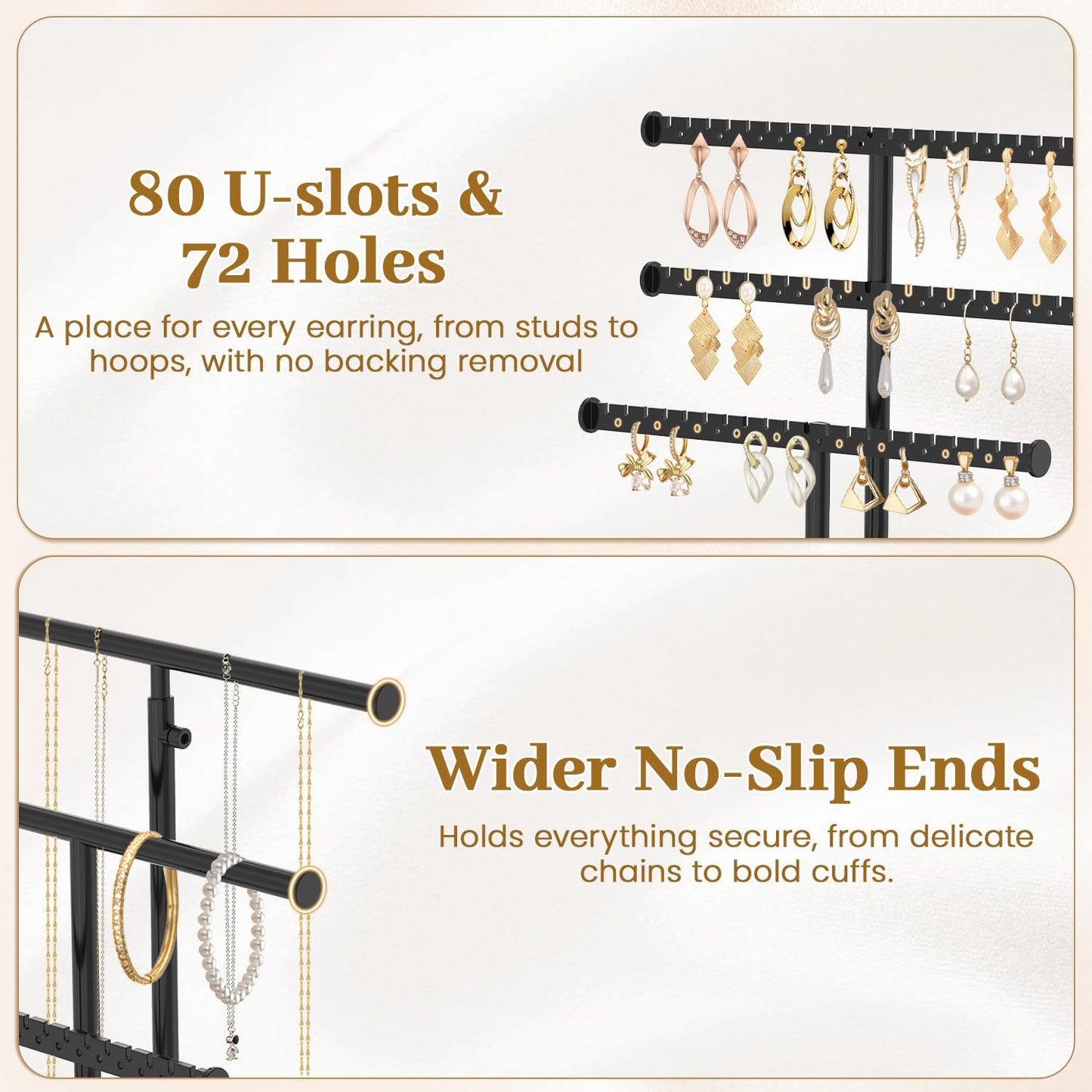 MODOWEY Necklace Holder Organizer Earring Display Stand with Wooden Tray, Metal Adjustable Bracelet Tree Rack for Women Vendor Selling, 6 Tier Tall T Bar Large Storage Tower for Find Jewelry In Second