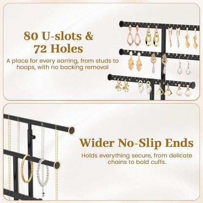 MODOWEY Necklace Holder Organizer Earring Display Stand with Wooden Tray, Metal Adjustable Bracelet Tree Rack for Women Vendor Selling, 6 Tier Tall T Bar Large Storage Tower for Find Jewelry In Second