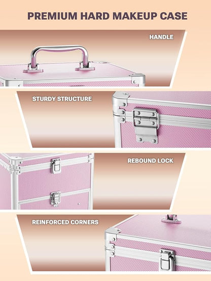 Qislee Makeup Box with Drawer and A Detachable Lighted Mirror, Waterproof Travel Train Case, Cosmetic Organizer and Makeup Suitcase with Adjustable Dividers, Magnetic LED Mirror (ICY Pink)
