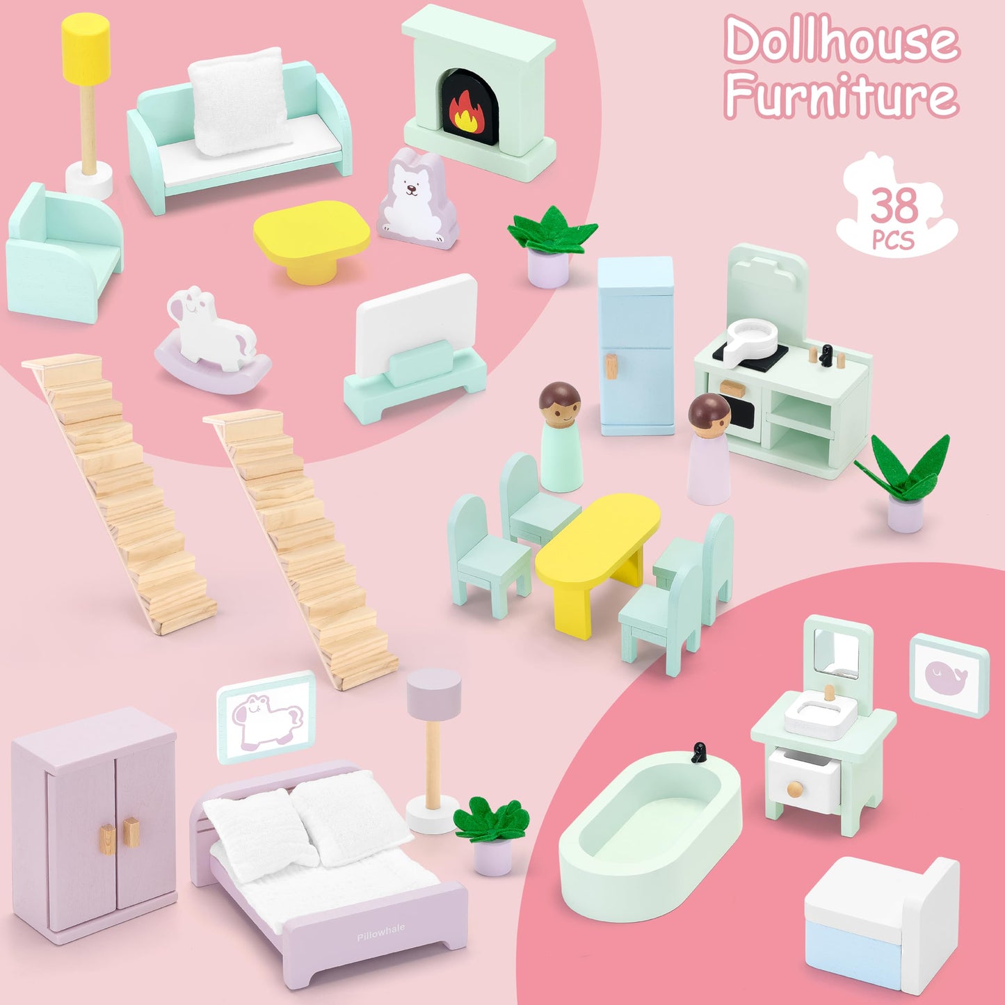 Pillowhale Wooden Dollhouse for Girls 3-Story Open Layout Playhouse with Furniture Accessories Pretend Play Role-Playing Toy Birthday Gift for Kids Ages 3+