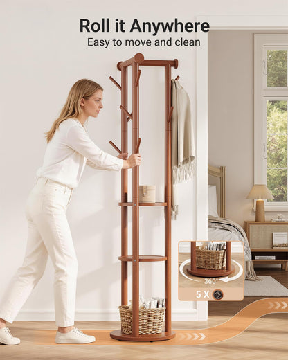 Pipishell Coat Rack Freestanding, Rolling Pine Wood Coat Tree with Wheels, 9 Hooks, T-Shaped Top & 3-Tier Shelves for Entryway, Hallway, Bedroom, Hall Tree for Coats, Bags, Hats & Scarves
