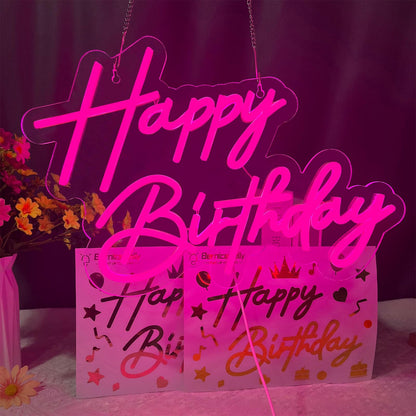 Happy Birthday Neon Sign for Wall Decor, Warm White LED Neon Light Signs, Art Decoration Happy Birthday Neon Light Sign for All Birthday Party Decoration with 2 Pcs Pasters (17×12 Inch)