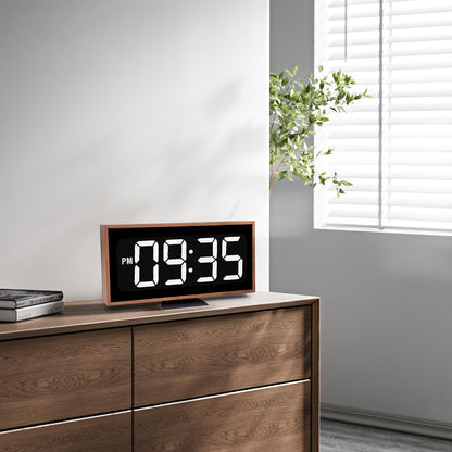 SCOAGE Wooden Digital Desk Clock, 10 x 5 Inch Plug in Electric LED Clock with Large Easy to Read Numbers, 12/24H Switch, Bright LED Display, Minimalist Desk Clock for Living Room, Office, Classroom