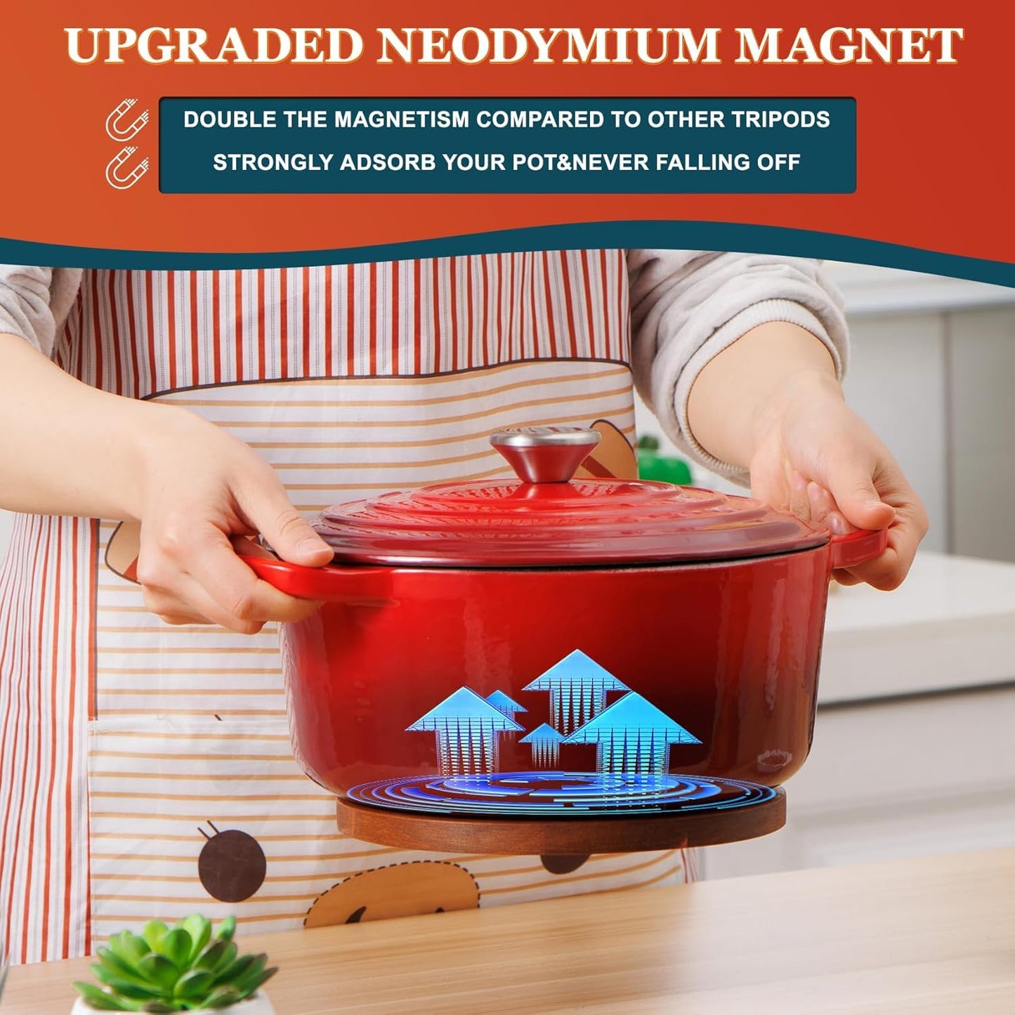 Magnetic Wooden Trivet, 8″, Acacia Walnut Wood, Compatible with le creuset Cast Iron Dutch Ovens, Scalloped Magnetic Trivet Wood, Kitchen Magnetic Pot Holder Five-Years Free Replacement