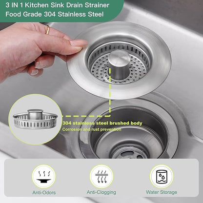 Sink Drain Strainer 3 in 1, 304 Stainless Steel Pop Up Sink Stopper,