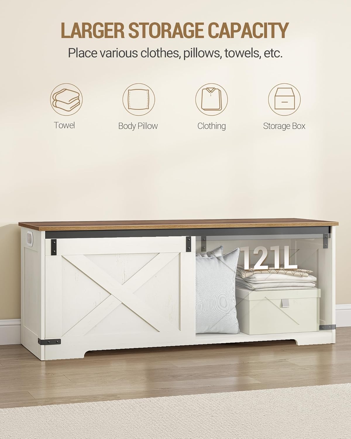 Hzuaneri 47.2" Storage Chest, Large Storage Trunk with 2 Hinges, Farmhouse Wooden Box Bench, Lift-Top Organizer Chest, Entryway Trunk for Bedroom, Living Room, White and Brown SB12114X