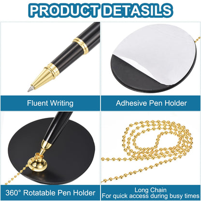 PATIKIL Secure Pen with Chain and Adhesive Pen Holder, 2Pcs Reception Counter Desk Pen with Security Pen Holder for Office Bank Hotel Lobby, Black Gold