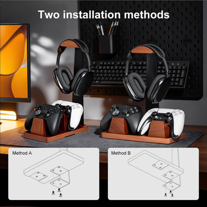 UPERGO Headset Stand with 2 Controller Holders - Solid Wood & Metal Gaming Headphone Holder for Switch, Controllers, and Desk Accessories (Wood)