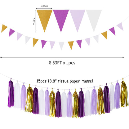 Purple Gold Graduation Decorations - 30pcs Kits Lavender White Paper Flowers,Banner Flags,Tassel Streamer Garland Engagement Girl Baby Bridal Shower Party Decoration Lasting Surprise
