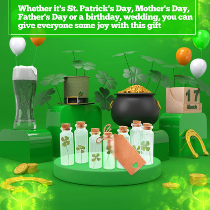 Cinnvoice 50 Sets St. Patrick's Day Cork Stoppers Glass Bottles Dried Pressed Four Leaf Clover Tiny Wishing Bottle Real Natural Four Leaf Clovers Mini Vials with Labels Ropes for DIY Crafts Wedding