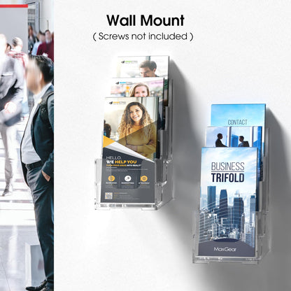 MaxGear Acrylic Brochure Holder, 4 Inch Wide 3 Tier Literature Display Stand, Clear Premium Acrylic Pamphlet Holder, Multi Pocket Wall Mount or Countertop Organizer, Office or Home Use, 2 Pack