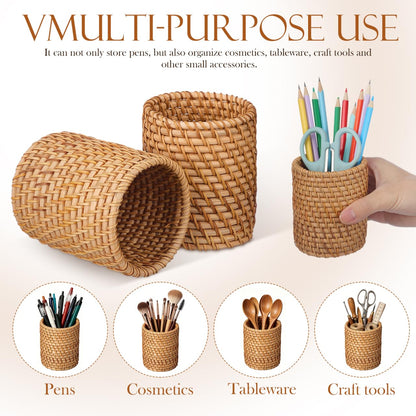 SEWACC 2pcs Rattan Pencil Holder, Handmade Wicker Pen Cups, Boho Pencil Organizer, Makeup Brush Storage for Desktop, Home Office Use