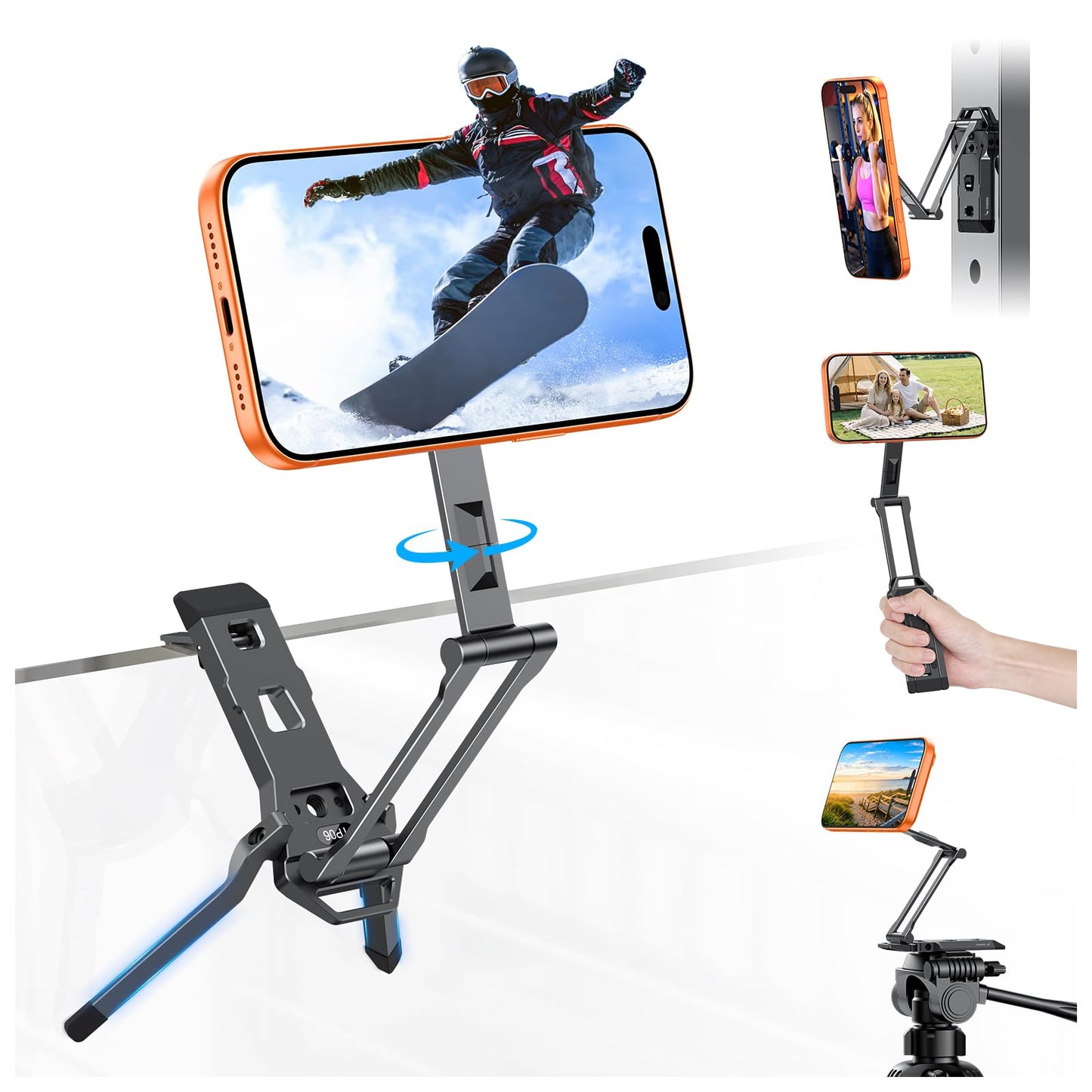 OMOTON TP06 [Equipped Lanyard] for MagSafe Tripod Hook with Magnet Back & Arca-Swiss Base, 360° Rotating with 1/4" Screw, Magnetic Phone Tripod for iPhone 17/16 Pro Max Air Fits Vlog, Travel, Gym