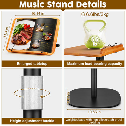 2 in 1 Dual-use Music Stand & Desktop Book Stand, Adjustable Height 16.5"-51", 100% Solid Wood Laptop Floor Stand Book Holder with Page Clips for Cookbooks, Sheet Music (Brown)