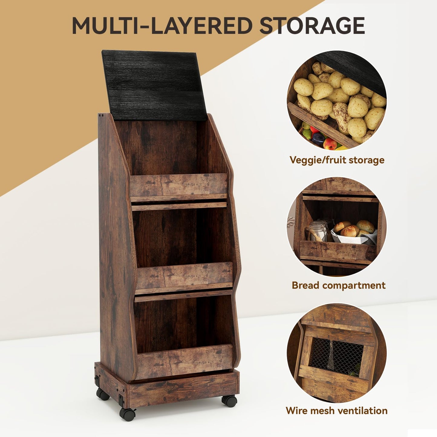 ARTETHYS Potato Storage Bin Movable Bread Box with Lid Rustic and Wheels Onion Organizer with Grocery Section Decorative Vegetable Organization Cabinet for Kitchen