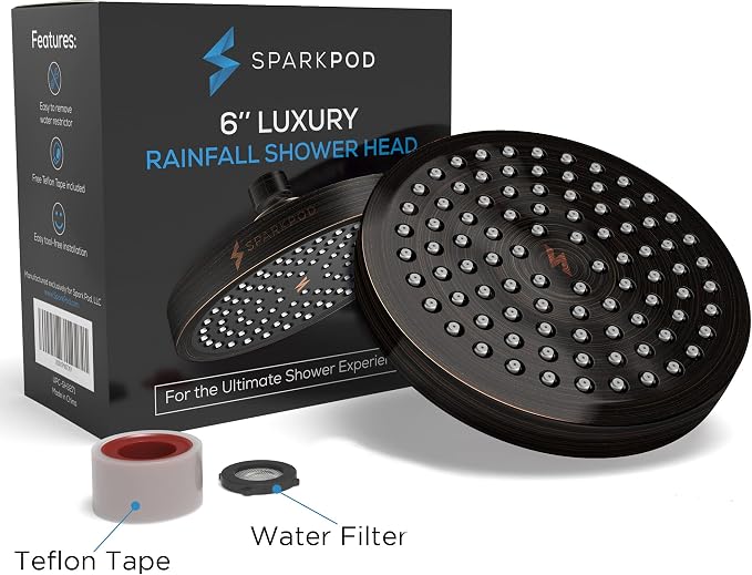 SparkPod Rain Shower Head, 6 Inch Round | High Pressure Shower Heads, 90 Nozzle (Touch-to-Clean), Adjustable Showerhead, No-tool Universal Connection
