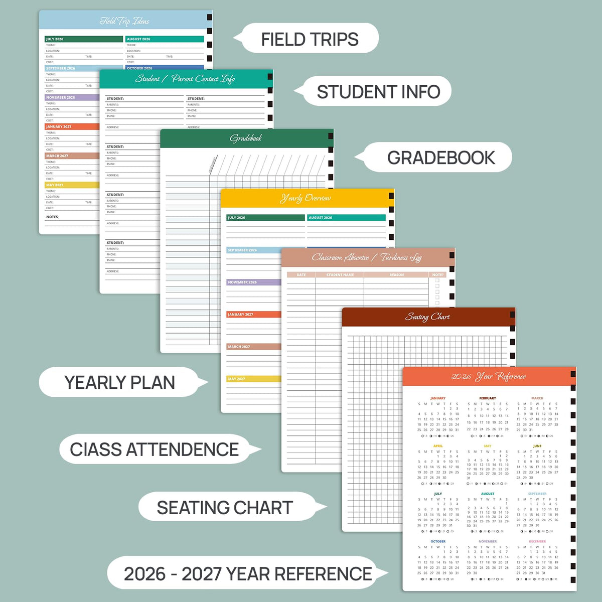 POPRUN Teacher Lesson Planner 2026-2027, (Letter Size - 8.5'' x 11'') Academic Planner July 2026 - June 2027 with Gradebook & Color Monthly Tabs, Thick Paper, 2-Sided Pocket, Leather Cover, Evergreen