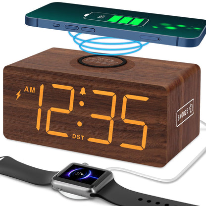 DreamSky Wooden Digital Alarm Clock with Wireless Charging for Bedroom