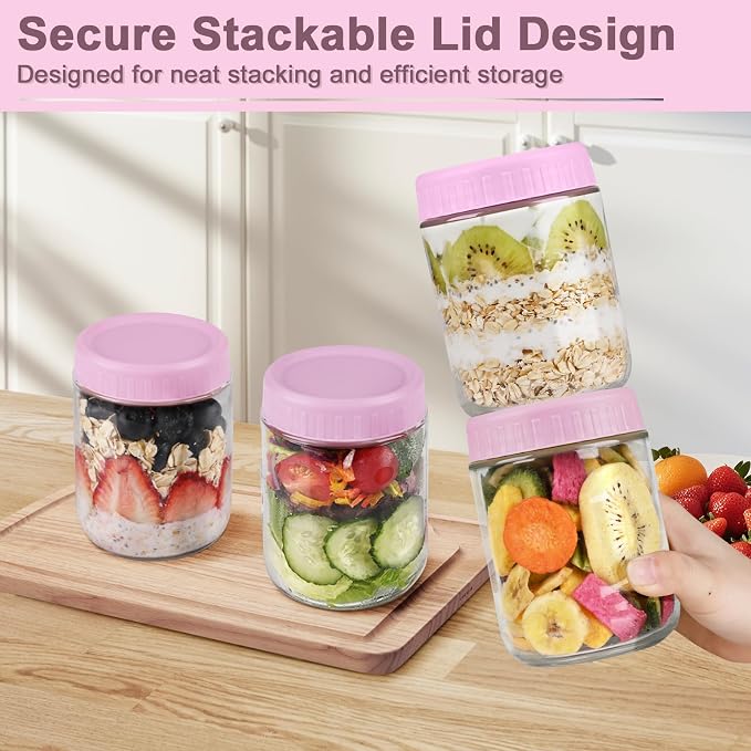Overnight Oats Containers with Lids, 16oz Wide Mouth Mason Jars with Lids, 3 Pack Glass Jars with Airtight lid for Chia Pudding Yogurt Salad, Meal Prer Oatmeal Jars, Pink
