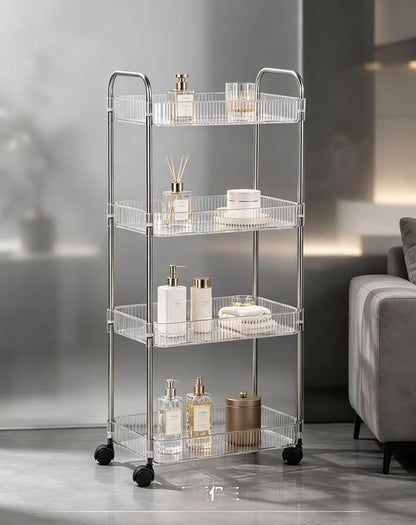 Sooyee Clear 4-Tier Plastic Rolling Utility Cart with Wheels, Multi-Functional Storage Trolley for Office, Living Room, Kitchen, Movable Storage Organizer with Wheels