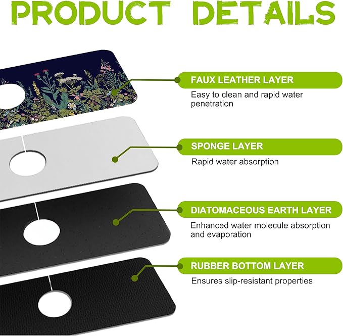 Colorful Herbs and Wild Flowers Kitchen Sink Splash Guard Faucet Mat Super