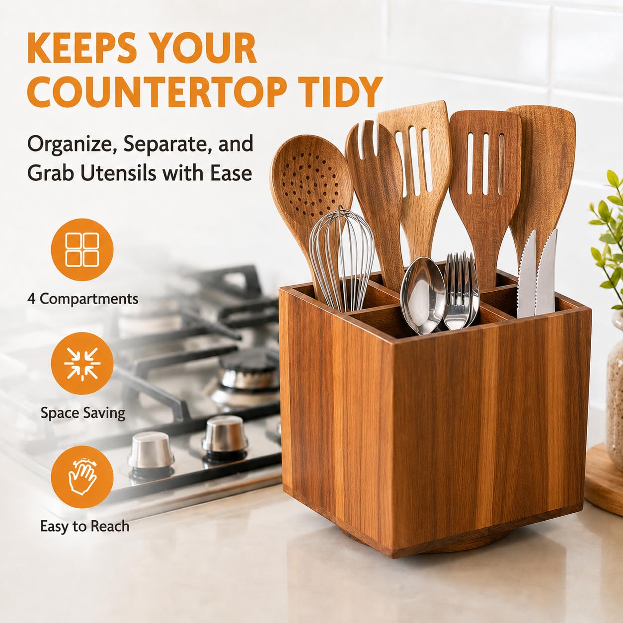 LIGOMEDA Acacia Wood Rotating Utensil Holder for Kitchen Counter – 360° Large Wooden Organizer with 4 Compartments, Farmhouse Kitchen Countertop Storage for Cooking Utensils