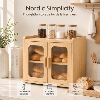 Florwish Bread Box for Kitchen Countertop, Large Capacity Wooden Bread Box, Fluted Acrylic Window Farmhouse Bread Storage, 2 Tier Corner Bread Box for Homemade Bread & Sourdough Bread, Natural Bamboo