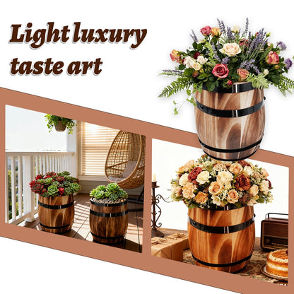 Sunmuliiiy1Pcs Wood Wine Barrel Vase 8" x 6.5" Rustic Wooden Flower Vase Rustic Barrel Barrel Planter for Wedding Reception Table Decoration Home Indoor Outdoor Garden, Kitchen, Party Table Decoration