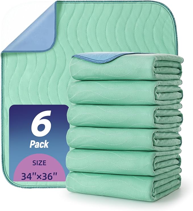 Pee Pads for Adults, Kids and Pets, Cotton-Like Surface, Machine Washable, 100% Leak Prevention with Waterproof TPU Layer (6 Pack, 34*36 inch)