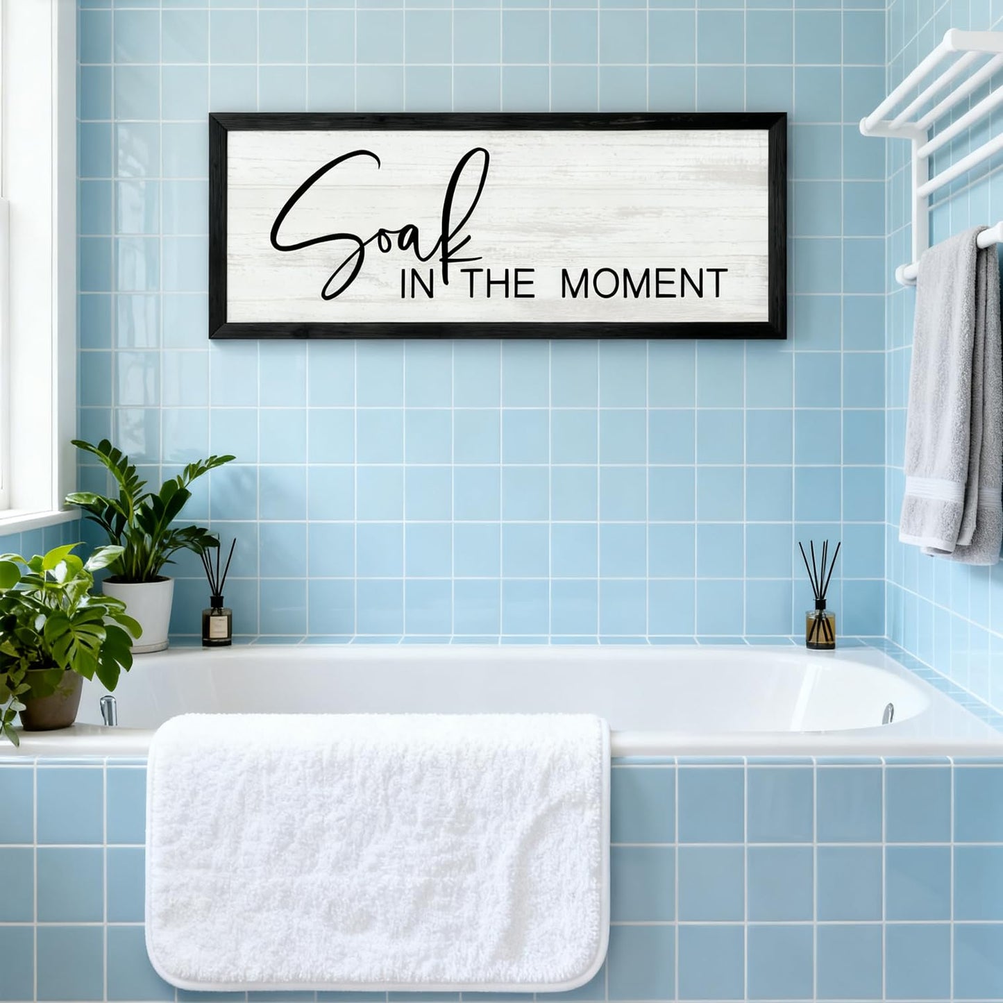 Soak in the Moment Wooden Sign Framed Wall Art, 32''×12'' Rustic Horizontal Motivational Bathroom Quote Wood Plaque above the Bathtub, Farmhouse Long Inspirational Shower Room Saying Wood Sign Wall Decor