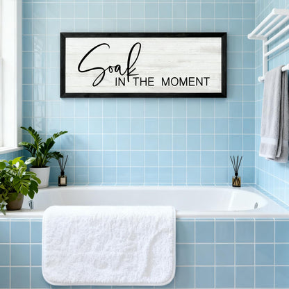 Soak in the Moment Wooden Sign Framed Wall Art, 32''×12'' Rustic Horizontal Motivational Bathroom Quote Wood Plaque above the Bathtub, Farmhouse Long Inspirational Shower Room Saying Wood Sign Wall Decor
