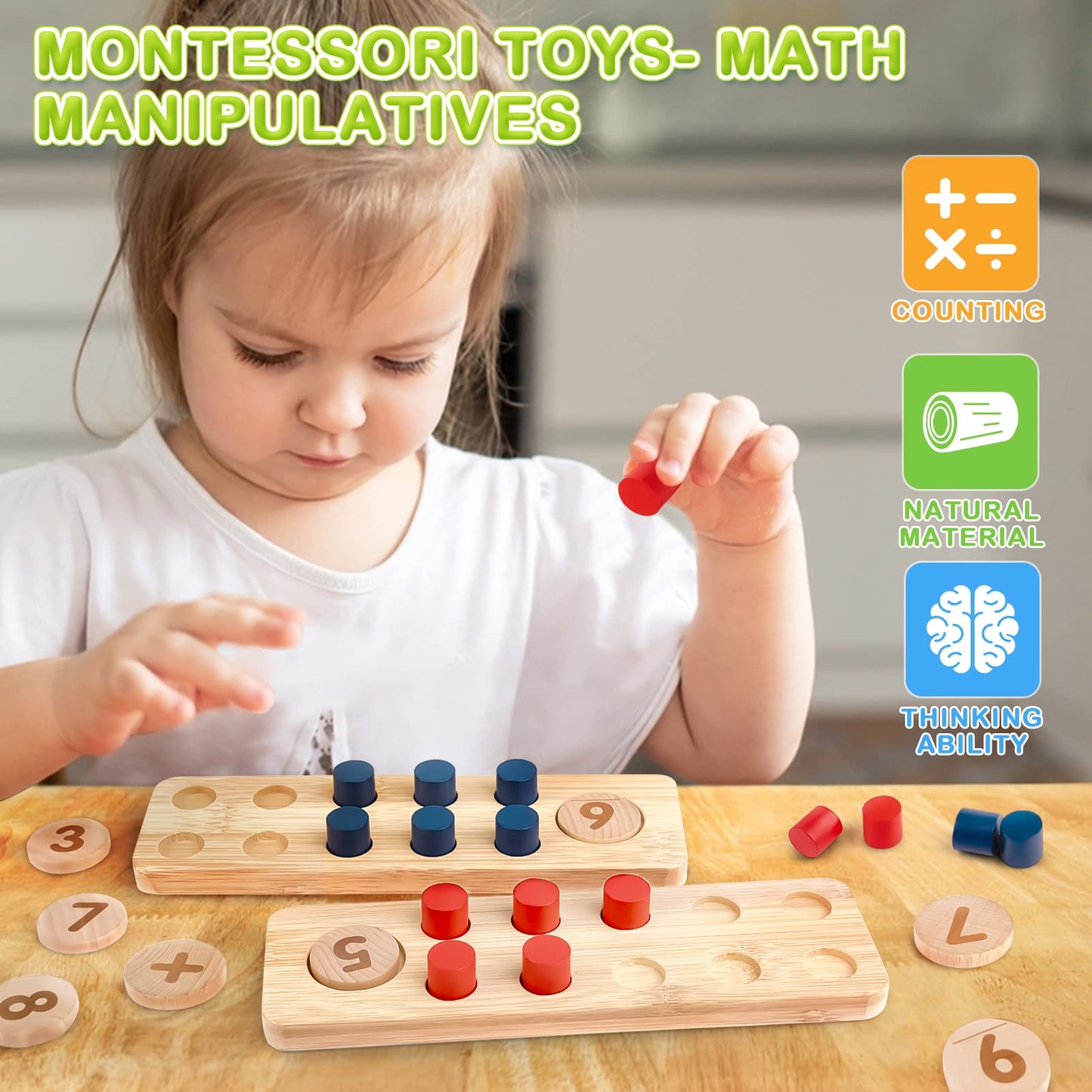 DINORUN Montessori Toys for 3 4 5 Year Old Boy Girl Birthday Gifts - Counting Peg Board for Kids 3-5-7 - Wooden Learning Math and Numbers Manipulatives Materials for Preschool Teacher Classroom