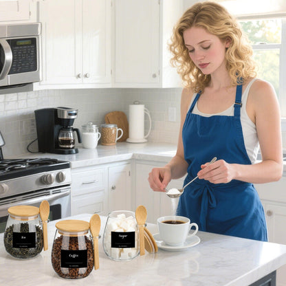 Suclain 3 Pcs Glass Coffee Container with Wooden Lid Spoon Tray Shelf Labels Clear Airtight Glass Jar Storage Container Set for Coffee Beans Tea Leaves Grains Dried Fruits Sugar Spice(28oz)