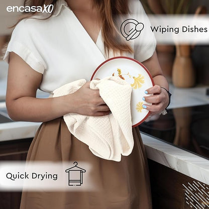 Encasa XO Kitchen Dish Towels Set | Solid Off White | Waffle Weave and Flat