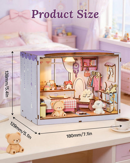 DIY Miniature House Kit-Bedroom, 3D Wooden Puzzles with LED Light Tiny House Mini House Building Kit for Adults, Wooden Adults Crafts Home Decor Gifts for Parents Friends