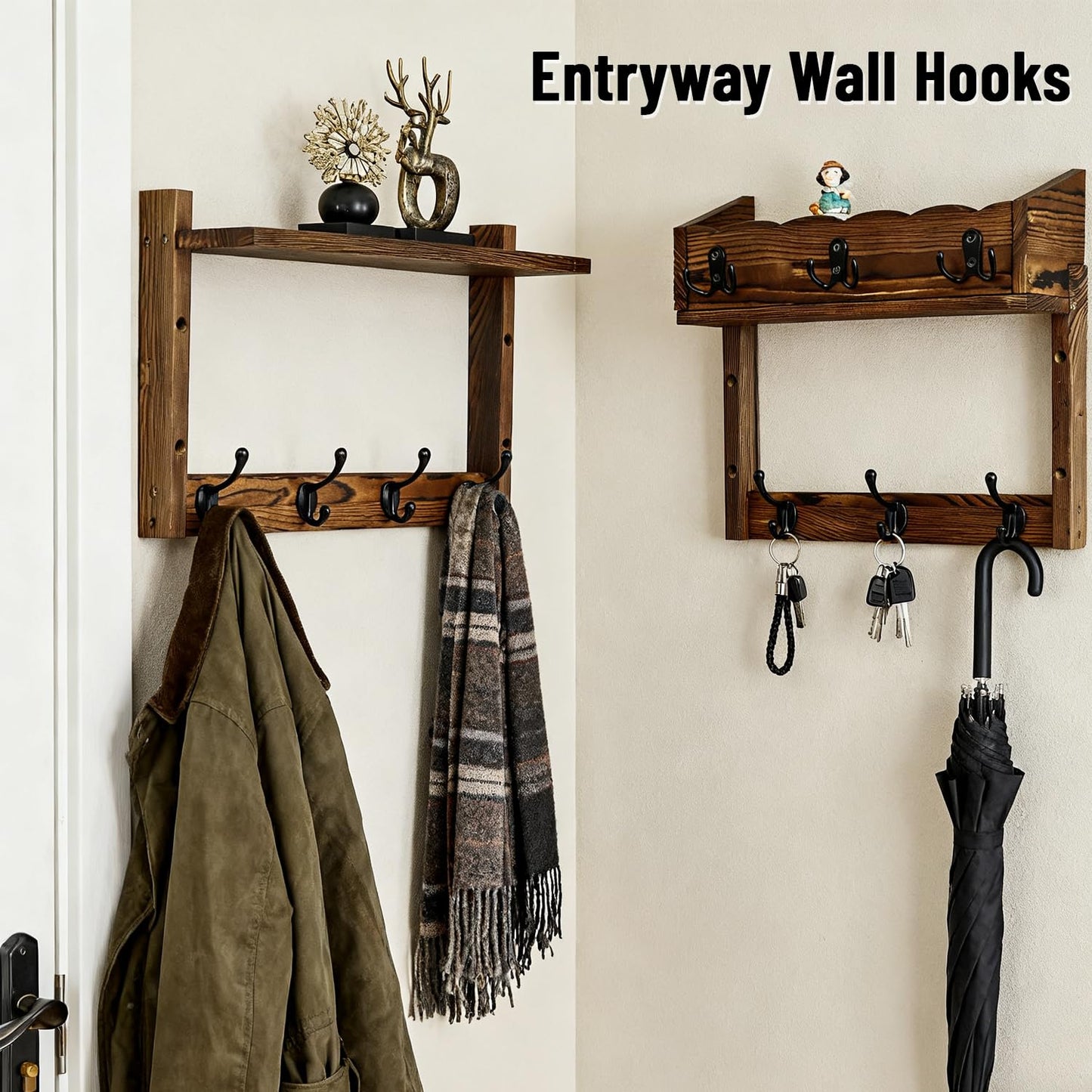 Dellicasi 28" Coat Rack Wall Mount with Shelf, Entryway Key Holder Wall Mount Wood Wall Coat Hooks with 7 Hooks 3 Key Hanger, Wall Mounted Coat Rack Mail Holder for Living Room, Bedroom