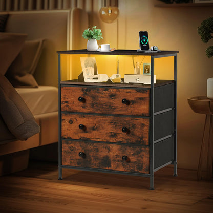 PATAVOT 3 Drawers Dresser with Charging Station, 24 Inch Wide LED Night Stand with Adjustable Fabric Drawer, Nightstand with Storage Shelf for Living Room/Bedroom/Office, Rustic Brown.