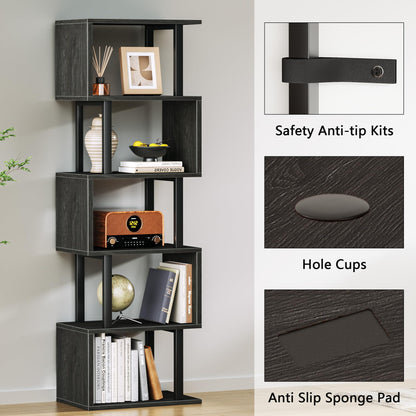 Furologee 6 Tier Bookshelf Tall Geometric Bookcase, S Shaped Industrial Display Standing Shelf, Metal and Wood Decorative Storage Room Divider Rack for Bedroom, Living Room, Office, Light Black Oak